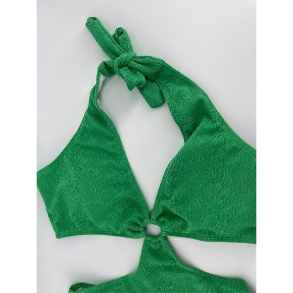 Shein One Piece Bathing Suit Side Cutouts Green Textured 1XL Halter - Picture 3 of 7